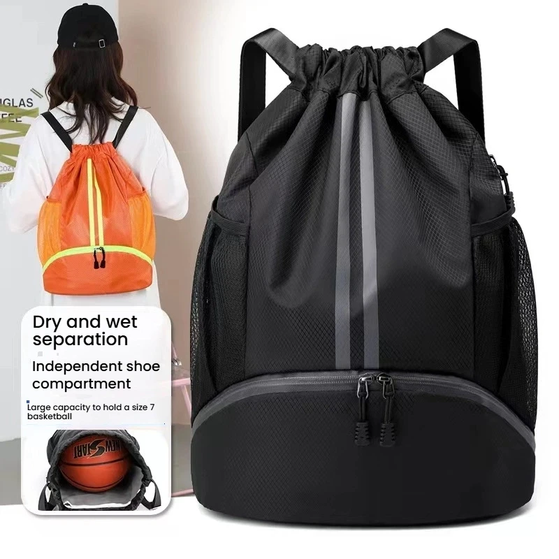 Sports Drawstring Backpack - String Swim Gym Bag with Shoes Compartment and Wet Proof Pocket for Women&Men