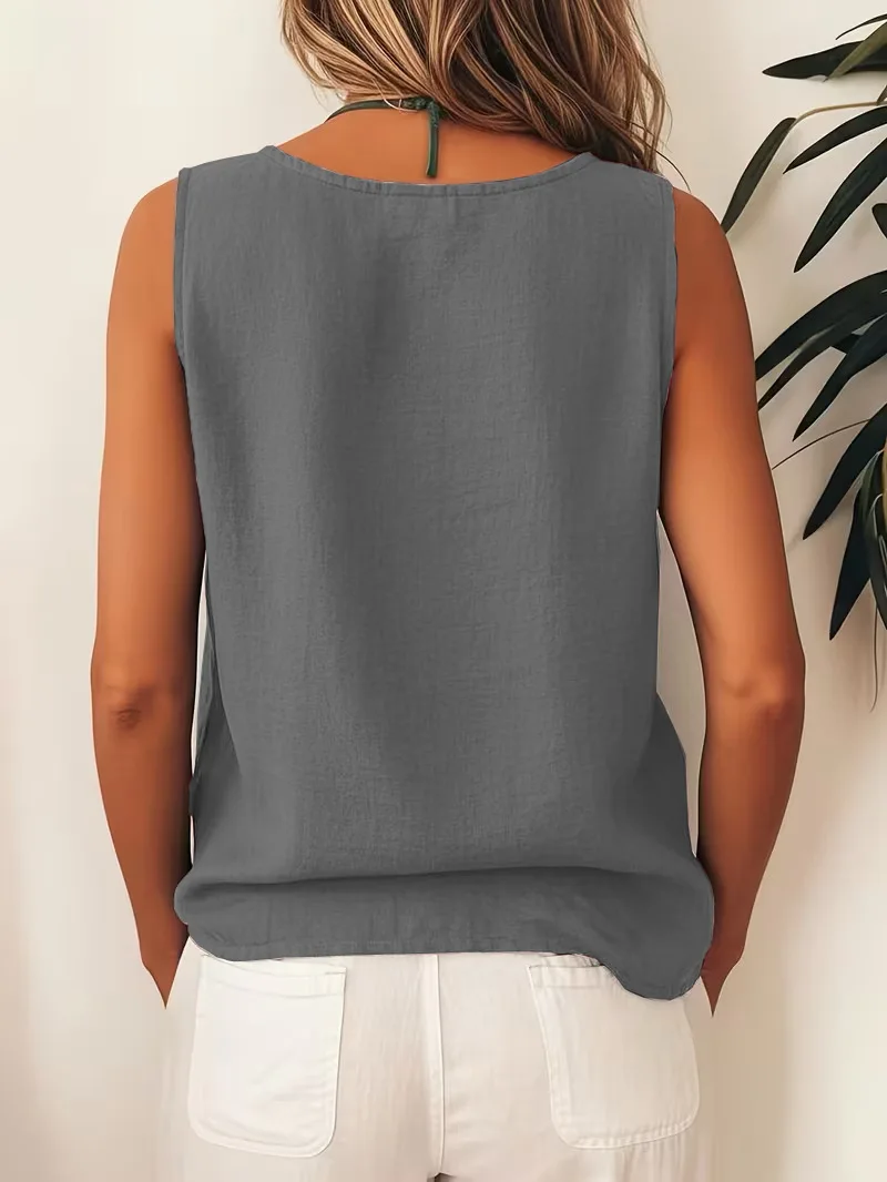 2026 Europäische und Amerikanische Neue Damen Freizeit-Colorblock-Ärmellose Knopfbluse mit seitlicher Einreihiger Knopfleiste, Rundhals – Detail 8