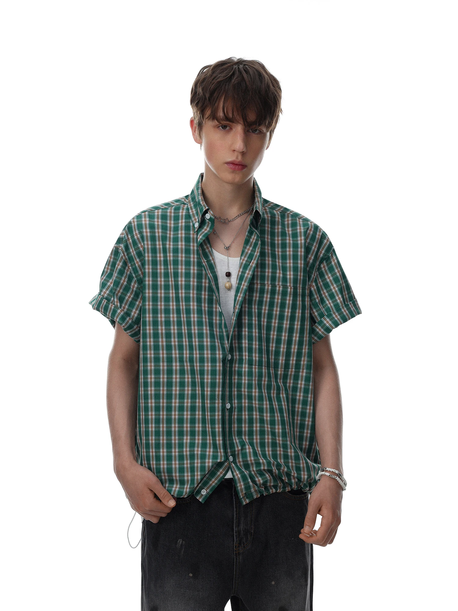 MRNEARLY American Retro Plaid Color Block Short Sleeve Men's Shirt Summer Loose Casual Cotton Polyester Blend Breathable