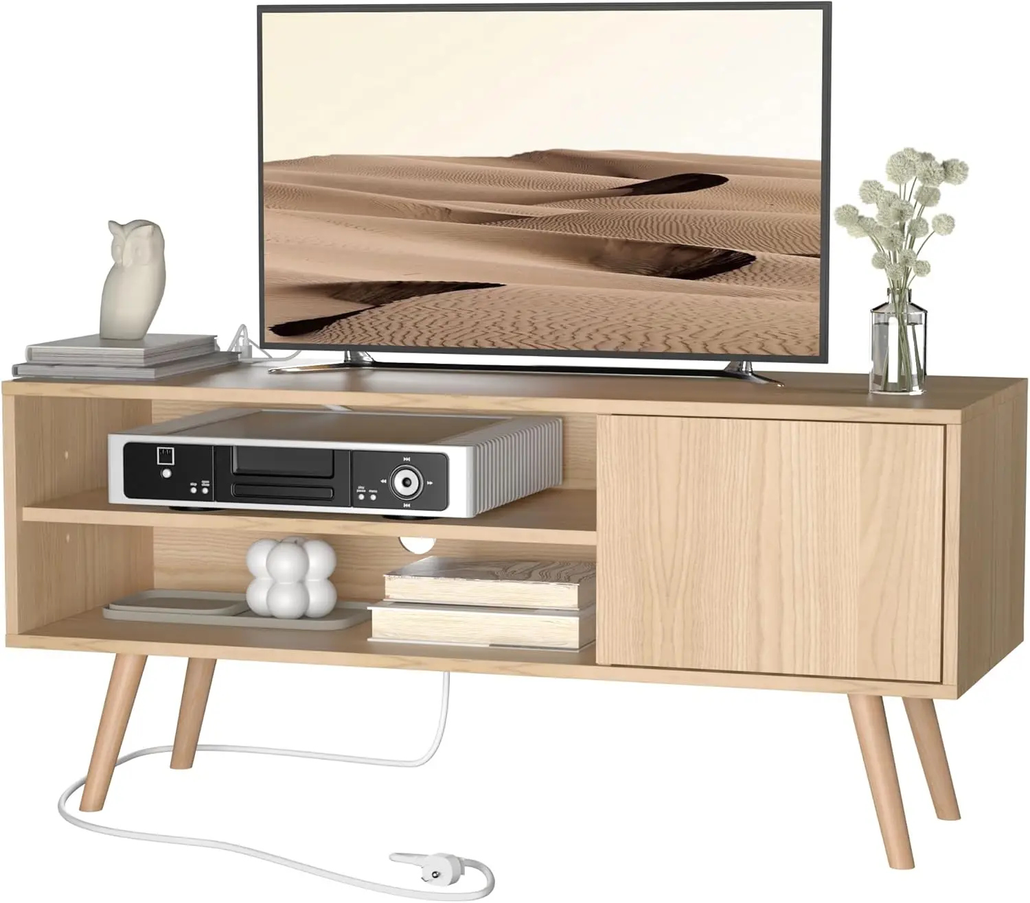 

TV Stand for 48 Inch TV, Mid Century Modern Entertainment Center with Storage Cabinet, TV Media Console with Charging Station