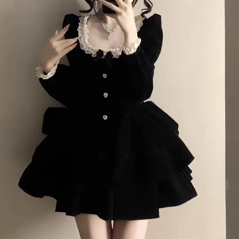 

Осенне-зимнее черное бархатное платье во французском стиле ретро, однотонное пышное платье принцессы с талией, элегантное темпераментное платье для взрослых