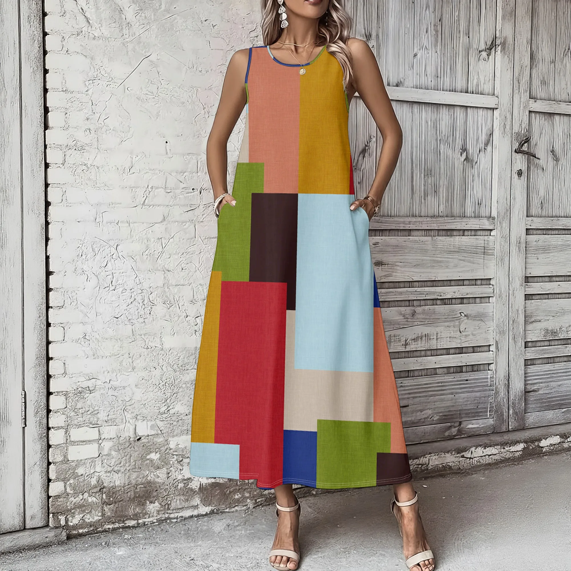 

Women's Summer Sleeveless Round Neck Long Dress, 3D Fashionable Printed Large Swing Dress.