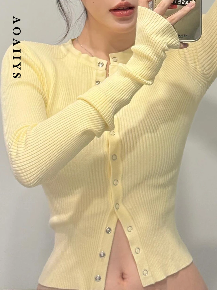 Aoaiiys Knitwear Cardigan Women's Single Breasted Long Sleeve Sweater Coats Korean Simple Classic Slim Cardigans Fall Clothes