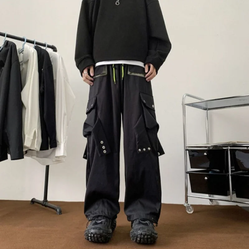 チャージブラックワークパンツ メンズ 春秋 2025 新作 ルーズ ワイドレッグ トレンド カジュアルパンツ