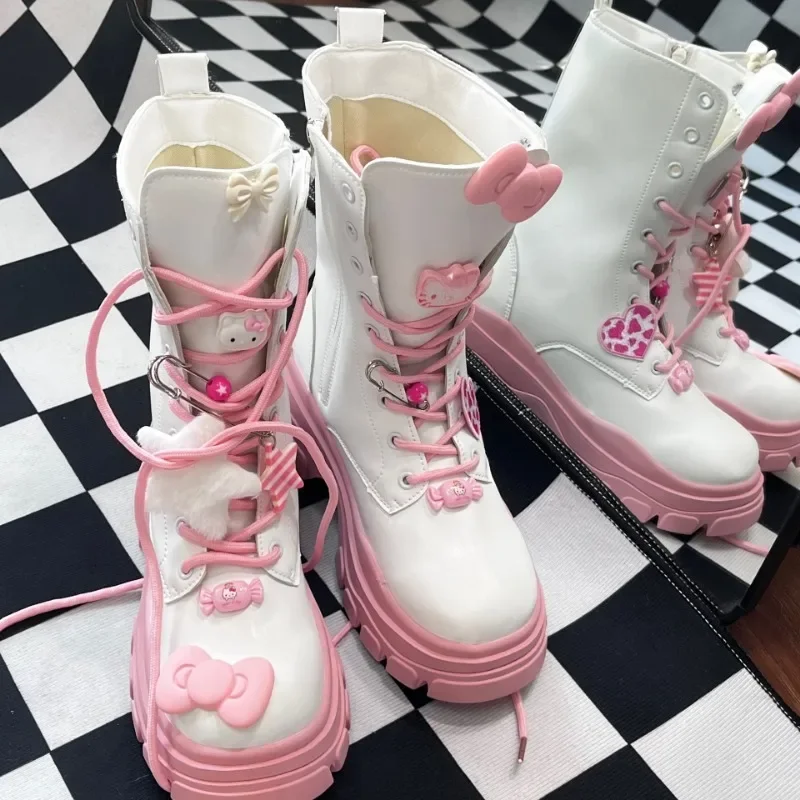 New Sanrio Cartoon Anime Hello Kitty Thick-soled Martin Boots Kawaii Winter Mid-tube Warm British Shoes Girls Holiday Gift