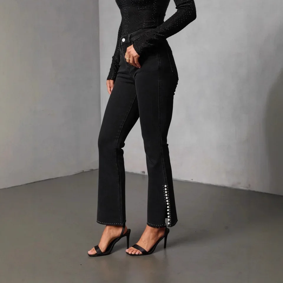 2026 New Womens Stretchy High Waist Flared Fit Slimming Black Denim Pants Fashion Casual Charming Figure Complimenting Bottoms