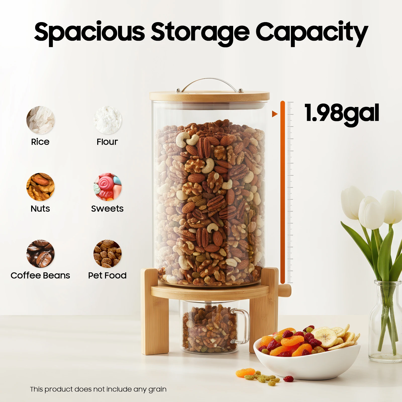 

Cereal Dispenser Storage Containers Clear Log Color Modern Tabletop Round Glass Bamboo Keep Food Dry Fresh Pantry Organization