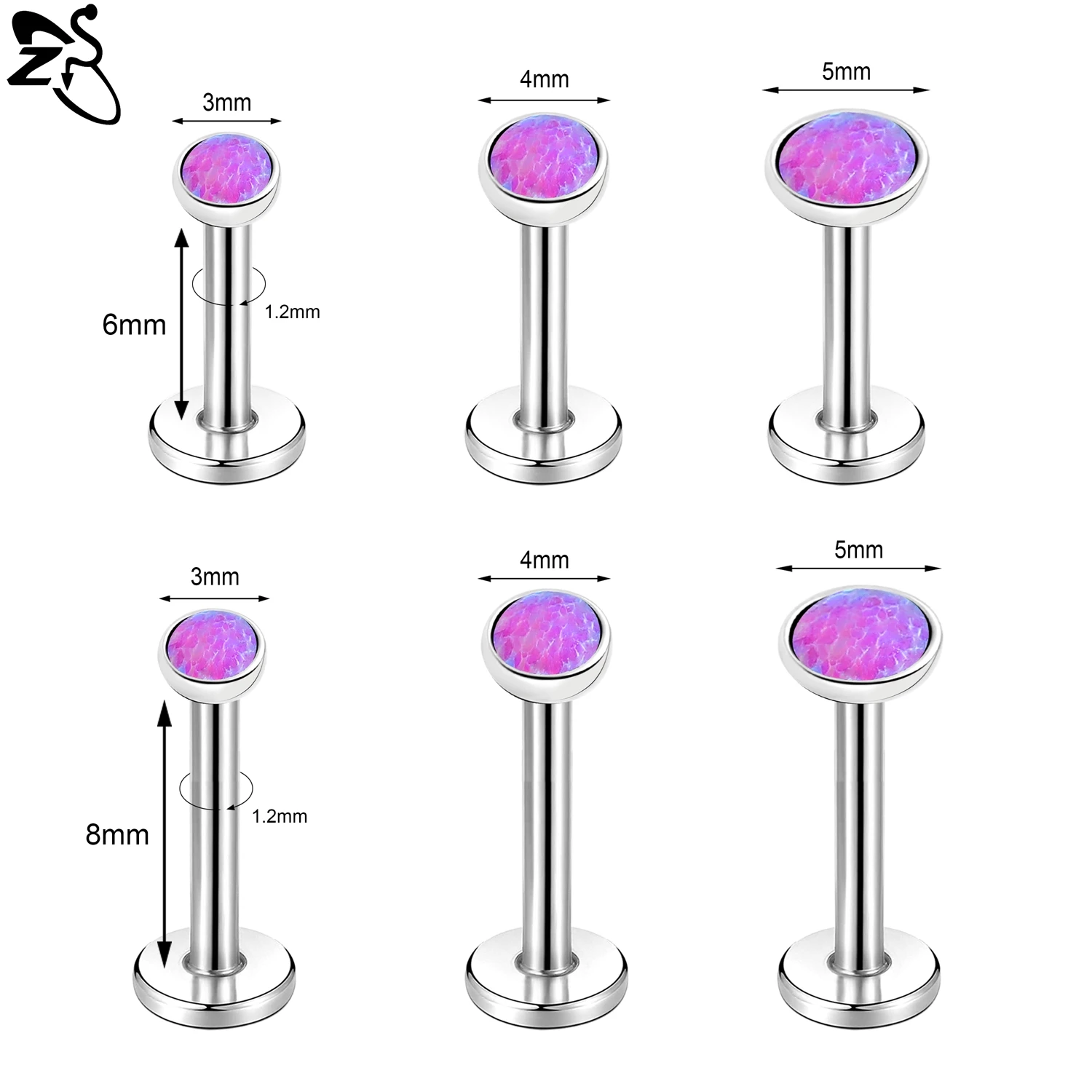 16G Stainless Steel Opal Lip Stud, Internal Thread