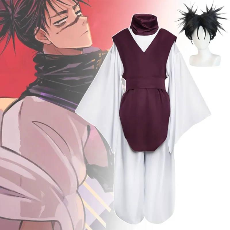 Disfraz de Cosplay de Choso del Manga Anime Jujutsu JJK, Peluca, Chaleco Morado, Cuello de Gaita, Cinturón, Pantalones Elásticos Blancos, Top, Trajes para Fiesta de Halloween