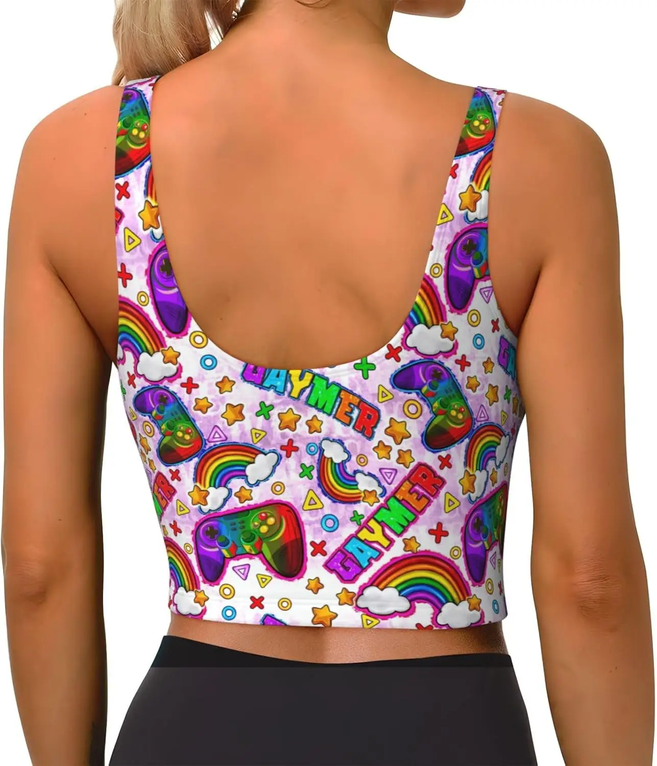 حمالات صدر رياضية بنمط قوس قزح للنساء، قمصان بدون أكمام للسيدات على شكل حرف U مع وسادات قابلة للإزالة لليوجا وصالة الألعاب الرياضية والجري وما إلى ذلك.