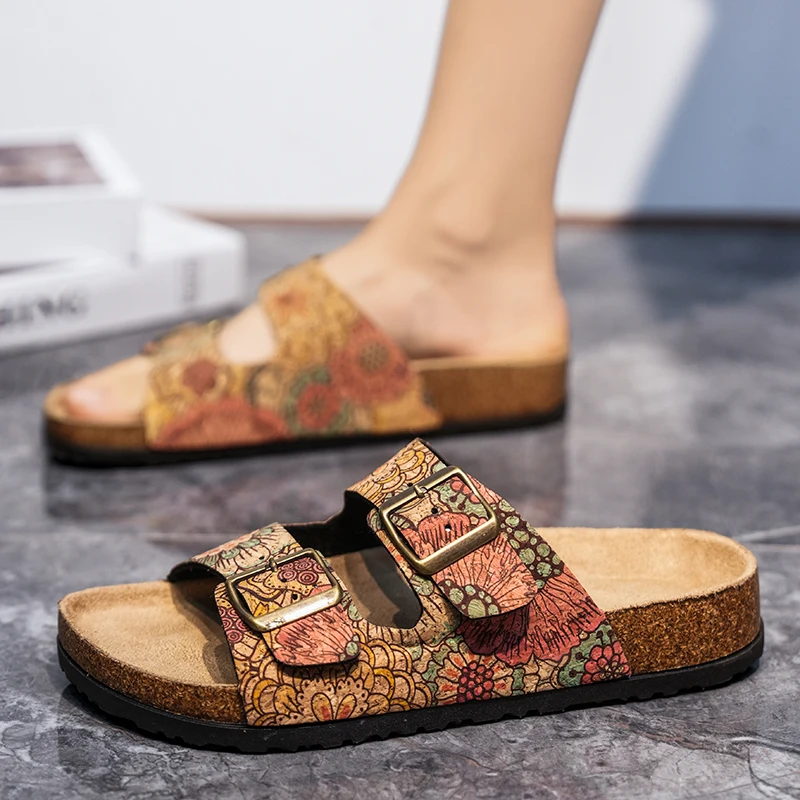 Women Sandals Printing Leather Mules 2024 Summer Female Retro Style Slippers Beach Casual Shoes Cork Bottom Non-slip Luxury Shoe
