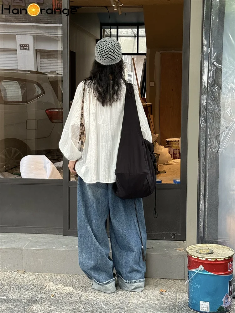 HanOrange 2025 Summer Reduced Age O-Neck Vertical Pattern Shirt Women Comfortable Breathable Loose Silhouette Top White