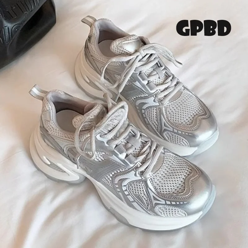 

GPBD Silver-white Mesh Height-increasing Thick-soled Sports Casual Shoes for Women, New Summer 2025 Leather Dad Shoes