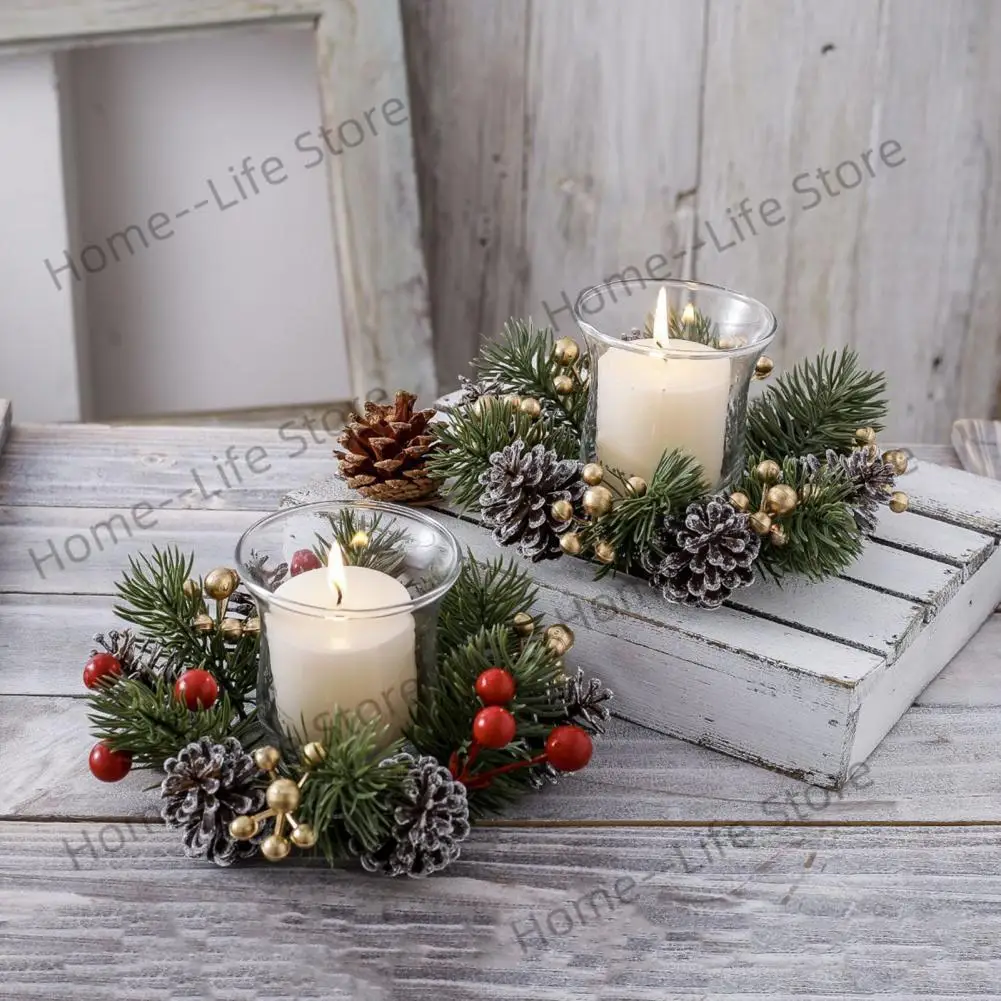 

Christmas Candle Ring Artificial Pine Needle Pinecone Berries Garland Rustic Festive Candle Wreath for Home Table Decor