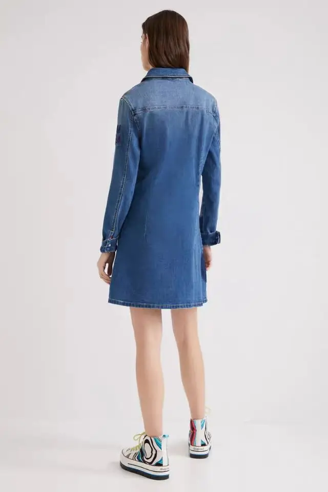 Foreign trade original single Spanish new patch elastic long sleeve denim dress