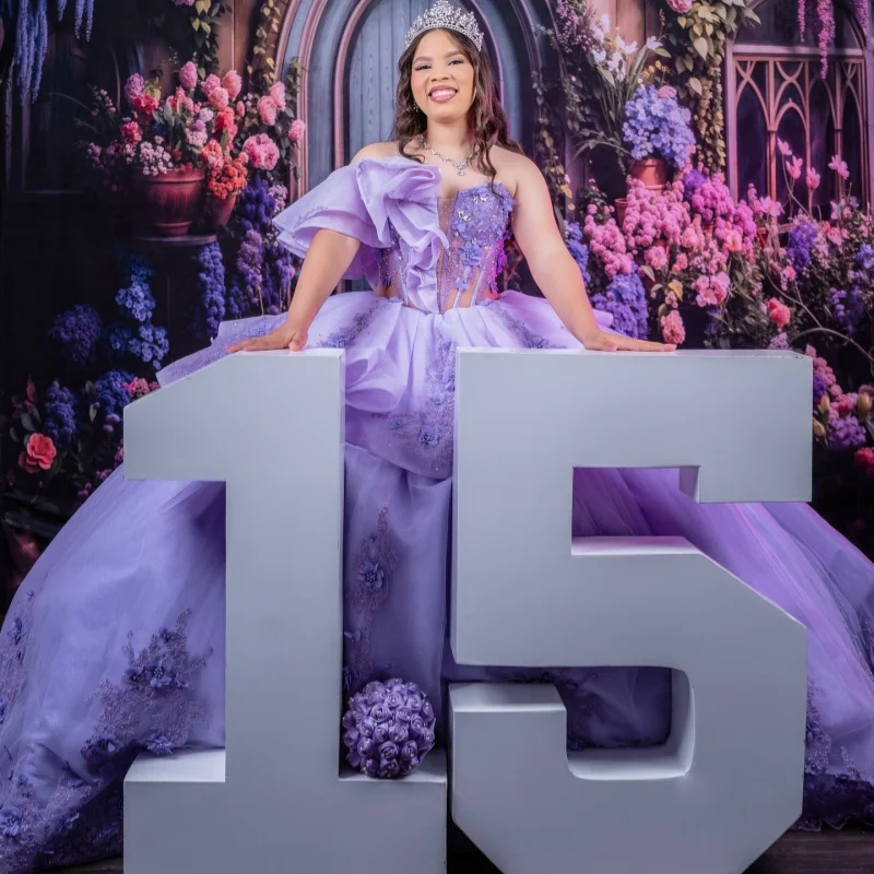 

Lavender Quinceanera Dresses Off the Shoulder Crystal Decal 3D Flower Lace Long tail Bow Vestidoe 15 Quinceanera Customize