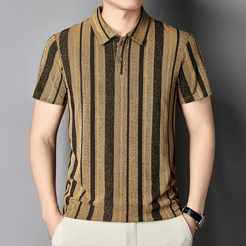 Herren Strukturierte Vertikal Gestreifte Kurzarm-Poloshirts Lässige Business-Oberteile Atmungsaktiv Knitterfrei Sommerkleidung – Detail 21