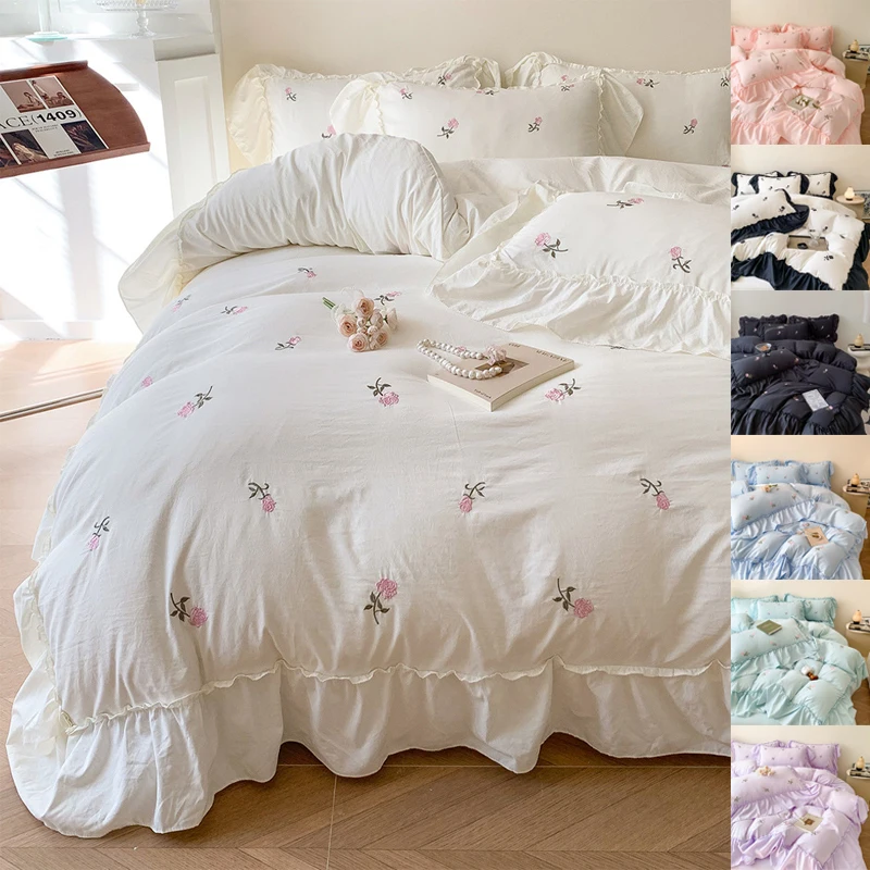 

3/4PCS White Korean Princess Style Pink Rose Flowers Embroidery Ruffles Thin Lace Duvet Cover Set Single Double Lace Bedding Set