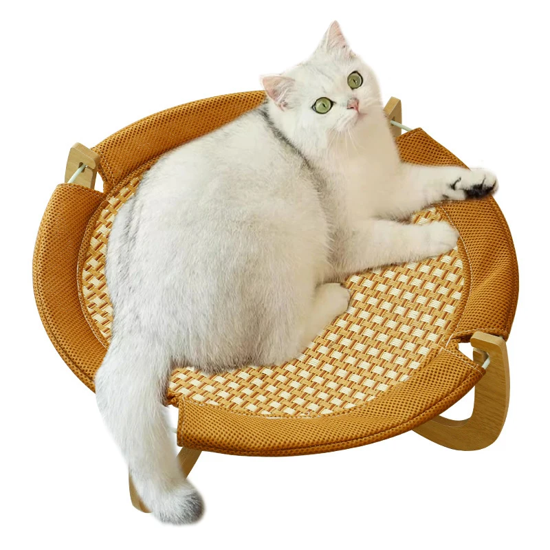 

Summer Cool Pet Bed Comfortable Wooden Rattan Cat Nest Breathable Cat Hammock Outdoor Camp Elevated Dog Bed Kitten Sleeping Pad