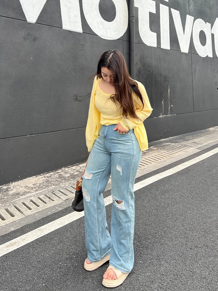 

Джинсы Slim Fit с вырезами, летние, тонкие, из денима, с высокой талией, прямые, для женщин с фигурой типа «груша», больших размеров, повседневные, на молнии