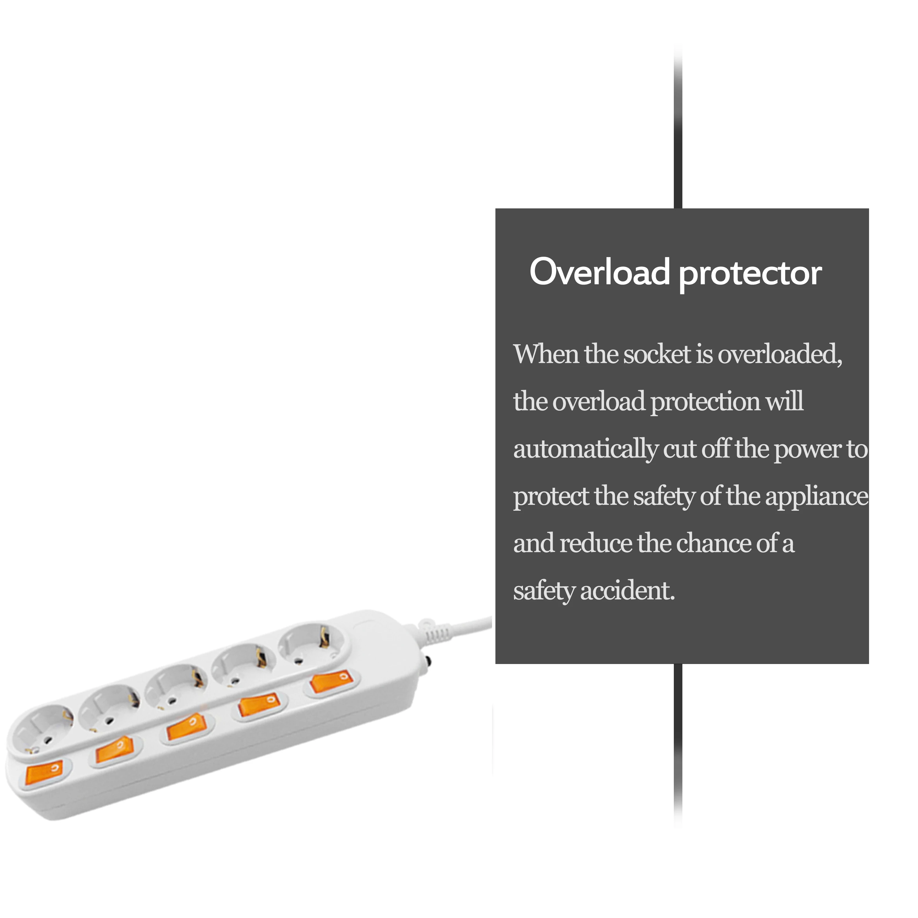 Power Strip Surge Protection 5 AC Socket 5 Switch 16A 250V Grounded 1.5/2.5 meters