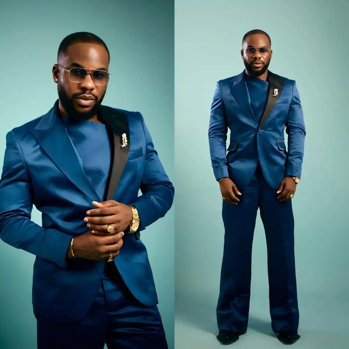 Luxury Royal Blue Satin Suit with Contrast Black Lapel and Gold Emblem Men Gala Party Tuxedo Set Customized M266935