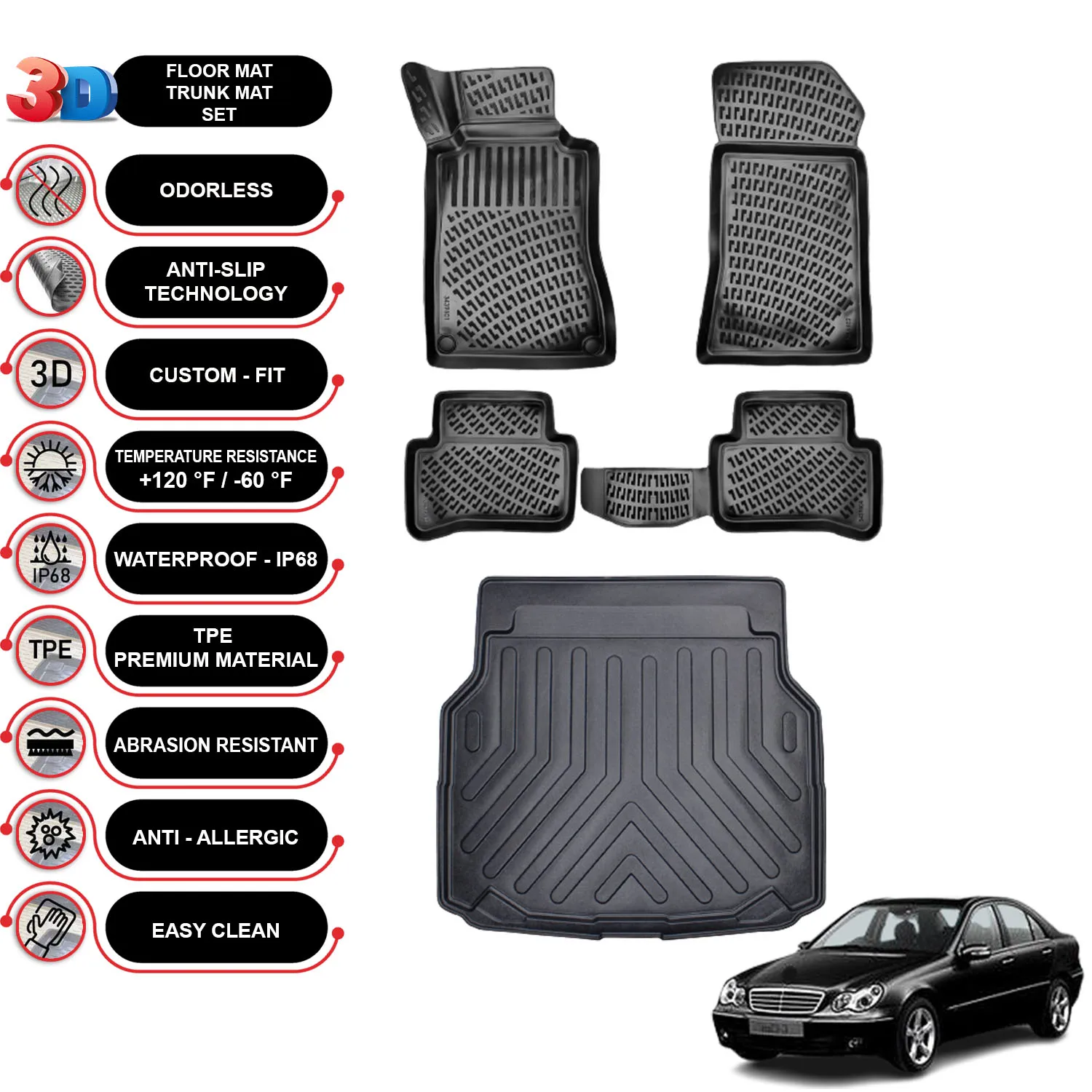 Mercedes C Class W203 Estate - (2001-2007) - Floor Mats + Cargo Trunk Liner - SET