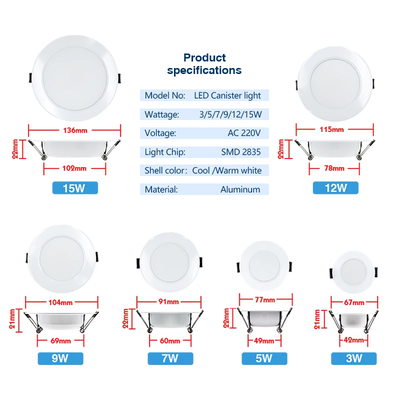 Imagem -02 - Downlight Led Redondo para Sala de Estar Lâmpada do Teto Embutida Luzes do Painel Iluminação Holofotes 220v 5w 7w 9w 12w 15w 10 Pcs