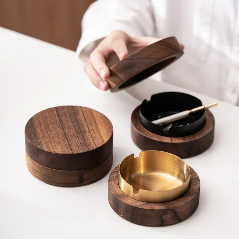 Creative Ashtrays With Lid Walnut Wood Desktop Ashtray Stainless Steel Windproof Ash Tray for Smoking Office Home Decoration