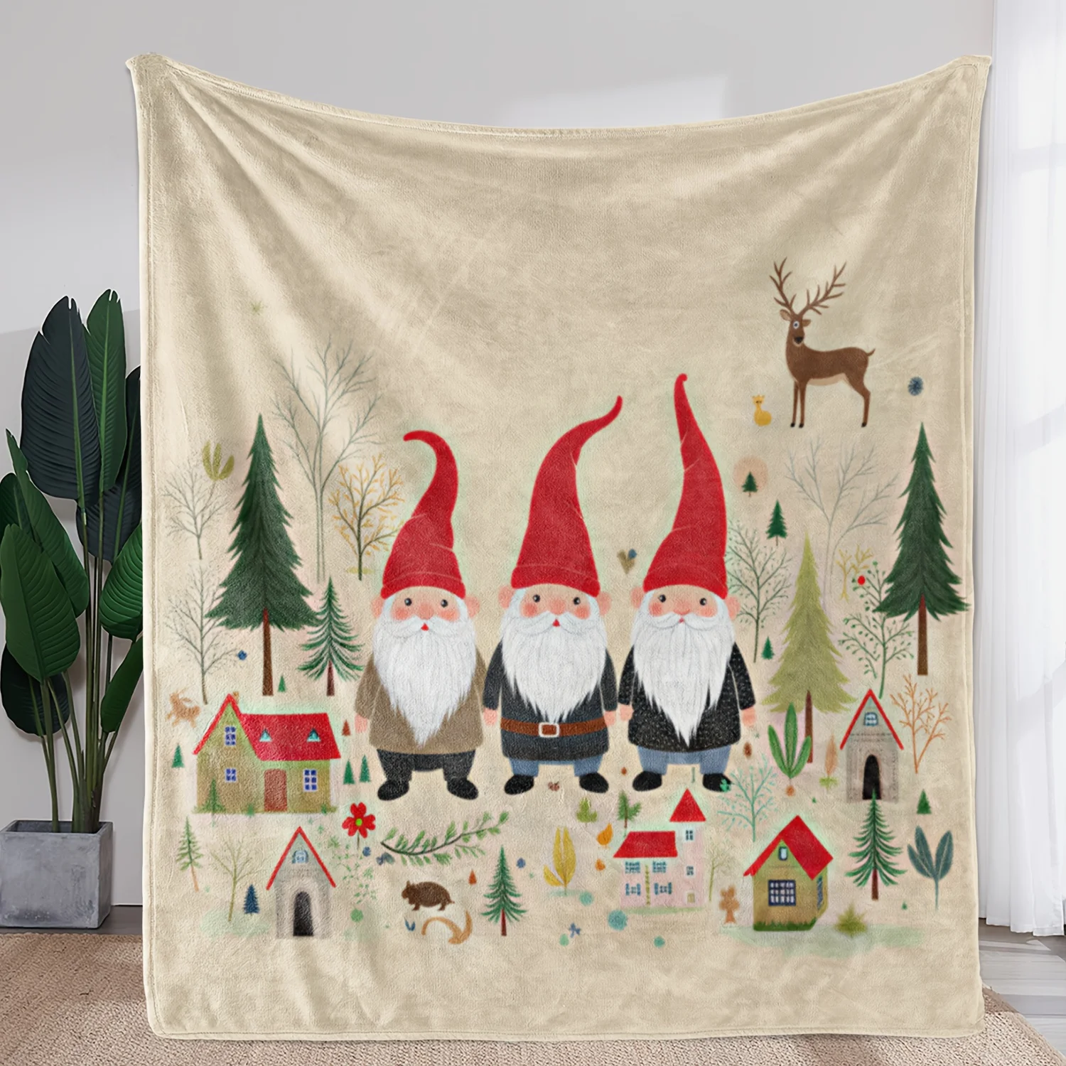 1pc Flannel Blanket with Cute Forest Cabin and Dwarf Elf Print, Warm & Soft Throw for Sofa, Bed, Car, Office, Camping, Travel