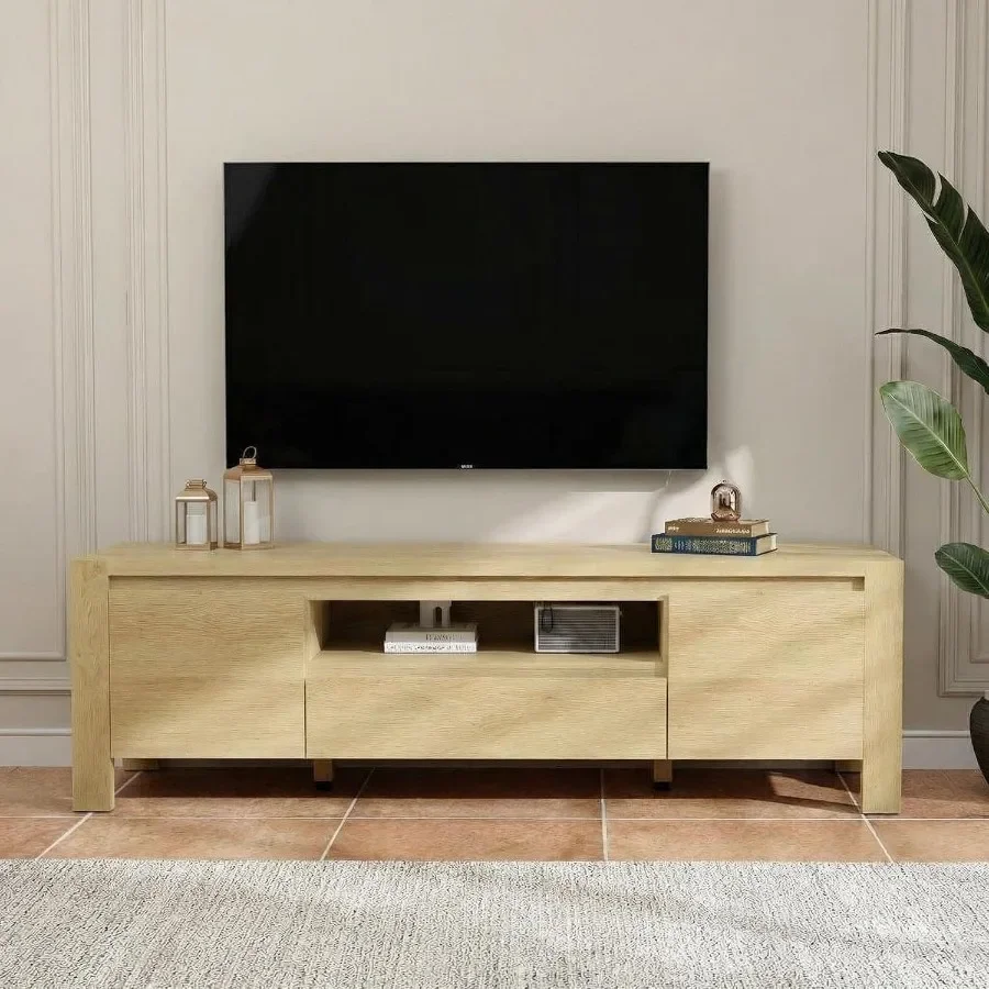 Farmhouse TV stand for 70 inch TV: natural wood, white finish, adjustable shelves and cabinet storage for modern living room