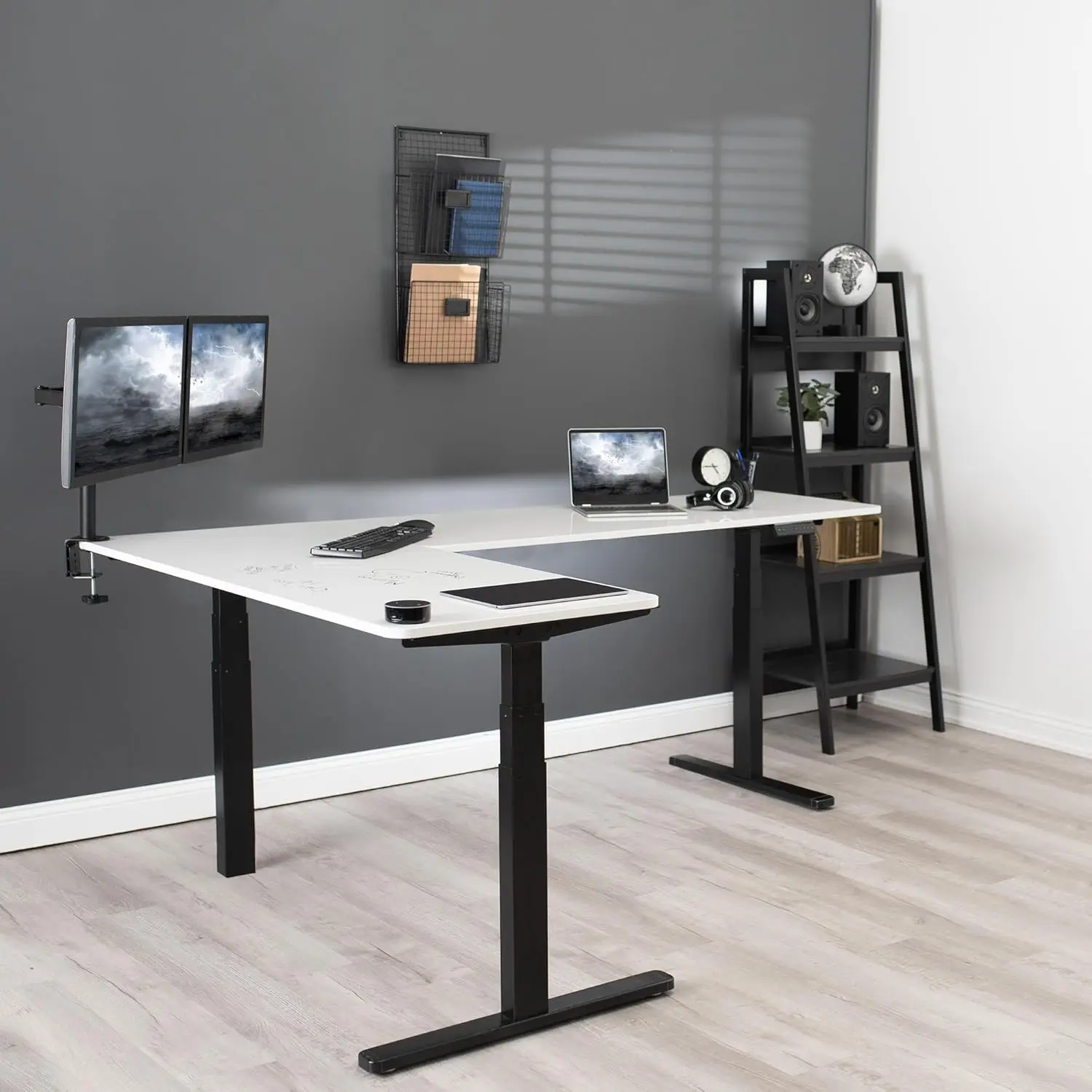 Electric Height Adjustable 83 x 60 inch Corner Stand Up Desk 2 White Dry Erase Solid Table Tops Black Frame