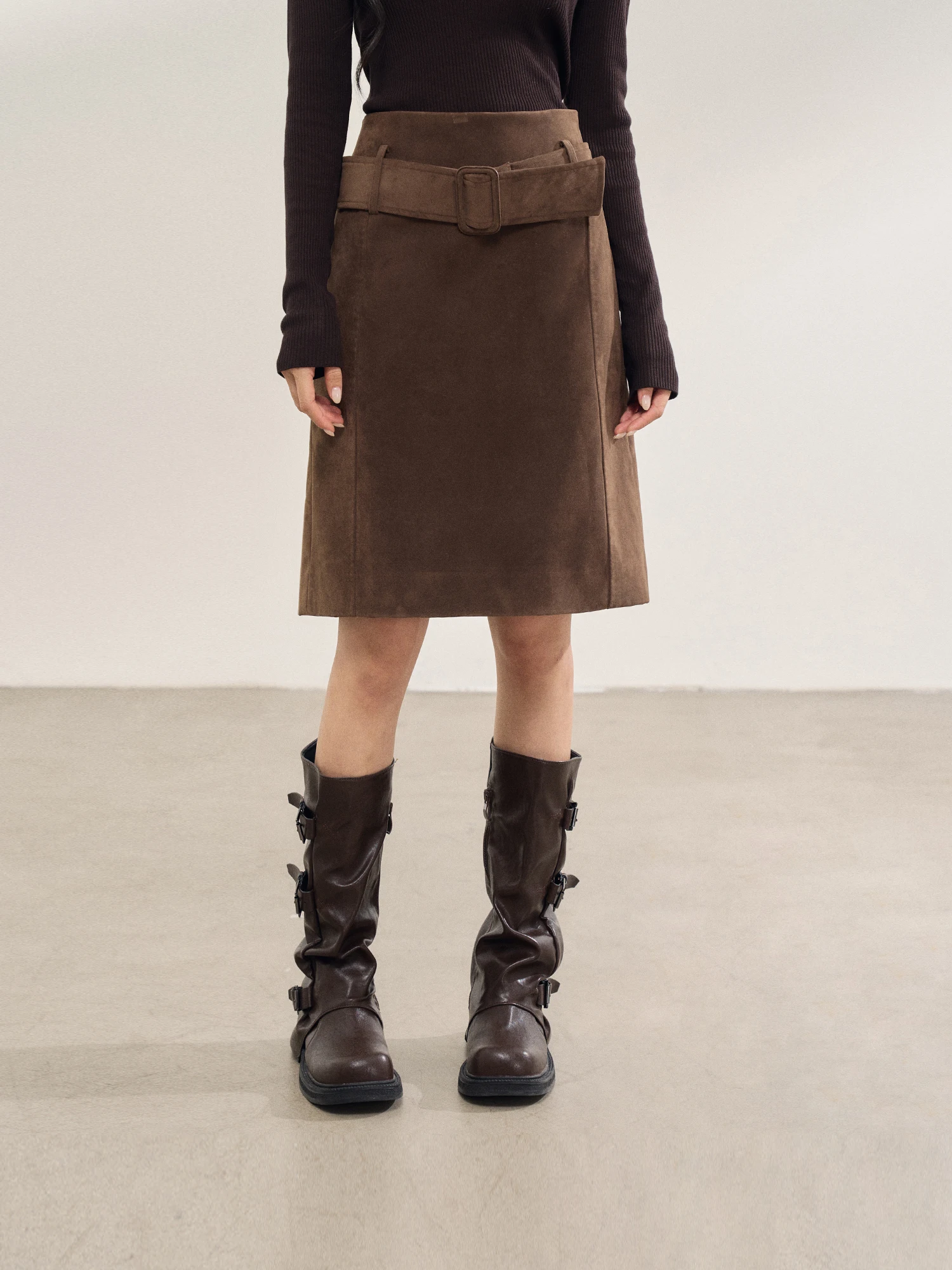 

High Waist A-Line Skirt Deep Brown Korean Sle with Belt College Sle Autumn Winter Slimming ort Skirt for Young Women