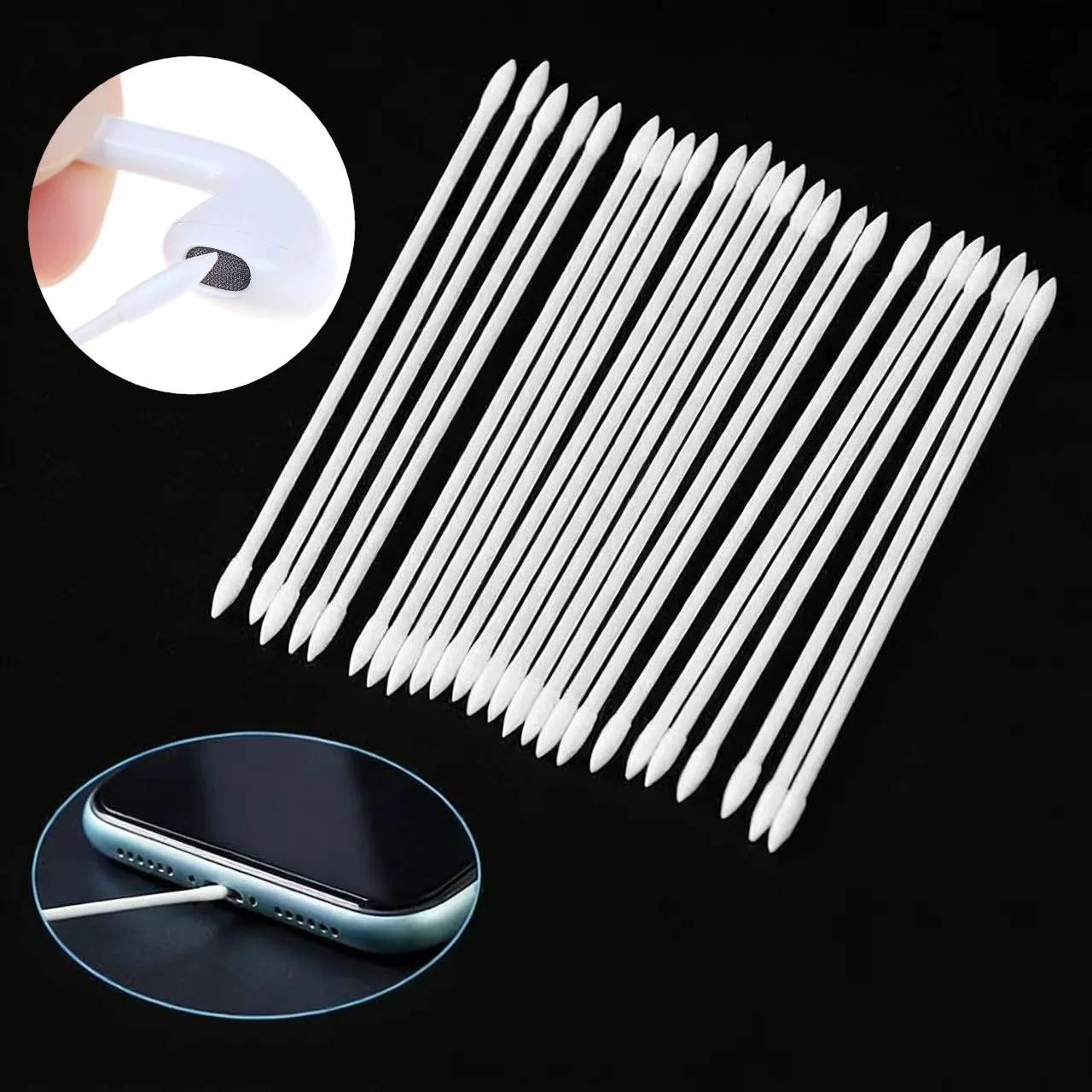 Hisopo de limpieza desechable para iPhone, iPad, teléfonos Samsung, puerto de carga de tableta, auriculares, ranura para portátil, hisopo de algodón de doble cabezal para polvo
