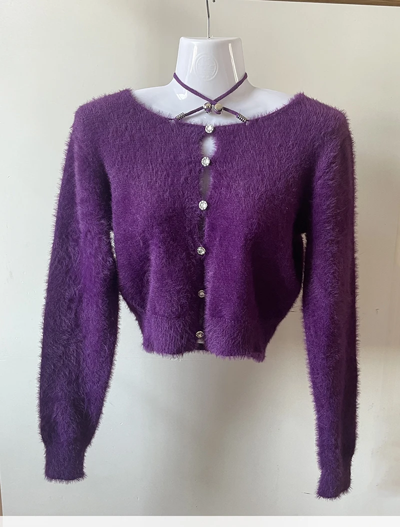 Purple Knit Woman Korean Style Cropped Tops Fluffy Gyaru Cardigan Autumn Winter Y2k Streetwear Furry Knitwears Fashion Outfits