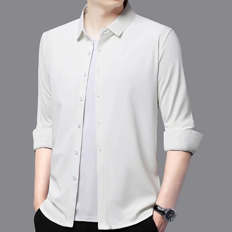 2023 New Spring and Autumn Fashion Trend Solid Color Waffle Slim Fit and Handsome Advanced French Business Men\'s Casual Shirt