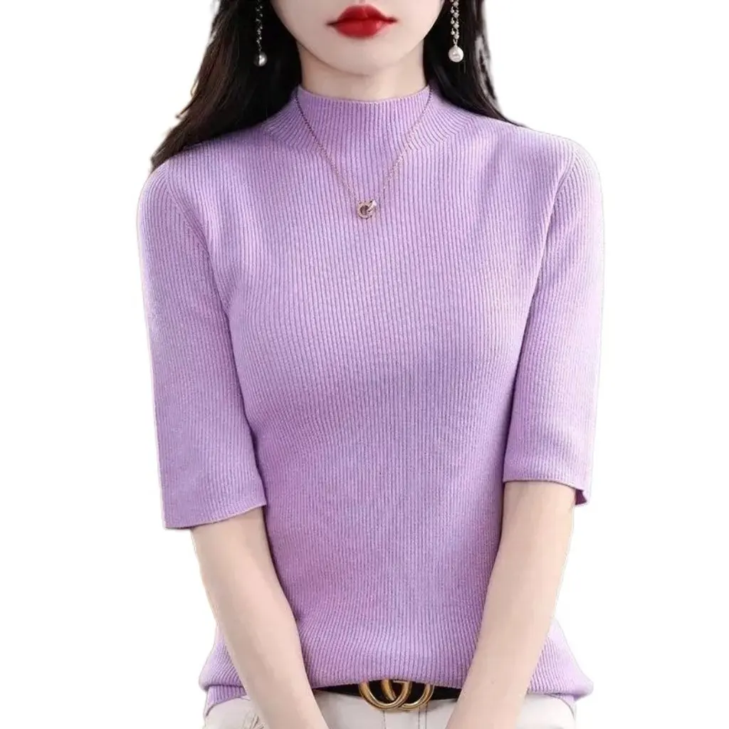 

Women's Mid-Sleeve Slim-Fit Knitted Base-Layer Shirt Top Solid Color High-Neck Half-Sleeve Inner Sweater for Spring Summer