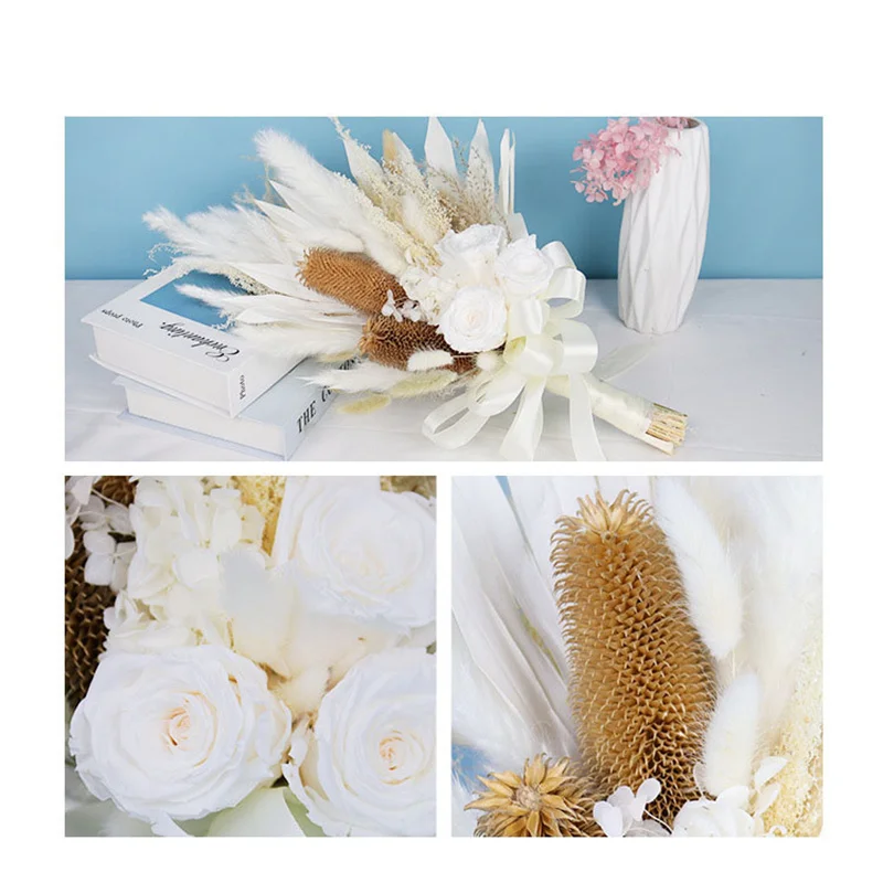 Dried Forever Preserved Flowers White Reeds Natural Pampas Grass DIY Floral Decoration Bouquet For Wedding Home Living Decor