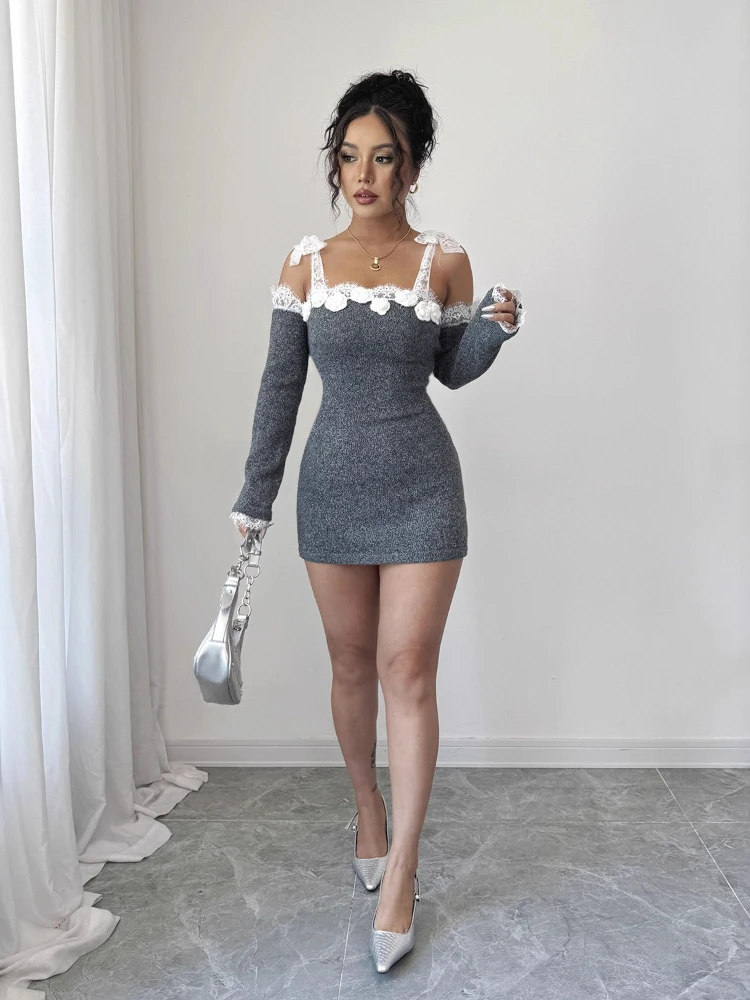 Robe pull en tricot pour début d'automne, garniture en dentelle, épaules dénudées, motif Floral 3D, bretelles Slvs détachables, Mini robe grise, douce et fraîche, 2025