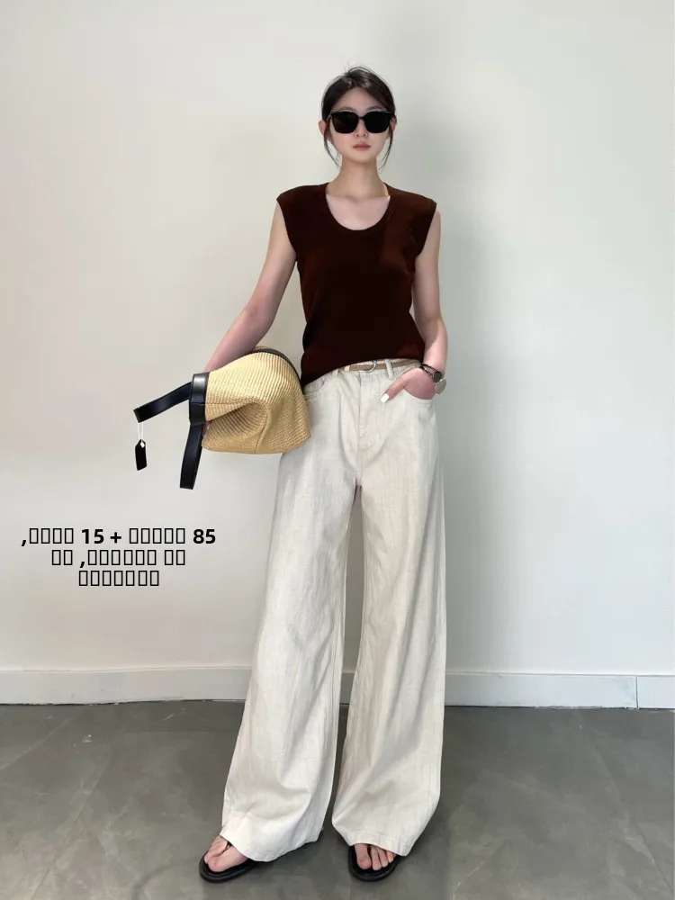 

Льняные хлопковые джинсы с высокой талией, ультратонкие, широкие, свободного кроя, повседневные, прямого силуэта, однотонные, для города