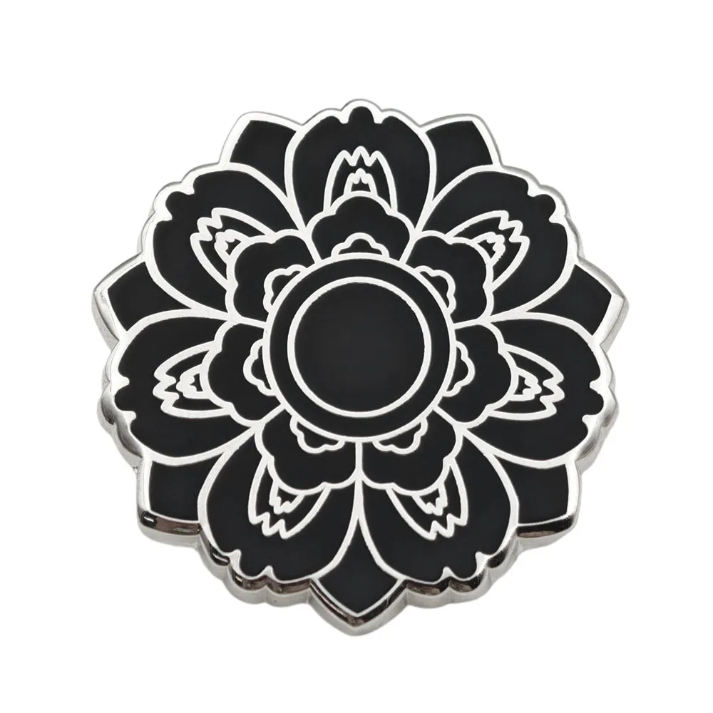 Gotische Schwarze Lotus-Emaille-Pin, Mandala-Blumen-Broschen, Geometrische Florale Anstecknadeln, Hexenästhetik-Schmuck, Geschenk für Rucksäcke – Detail 1
