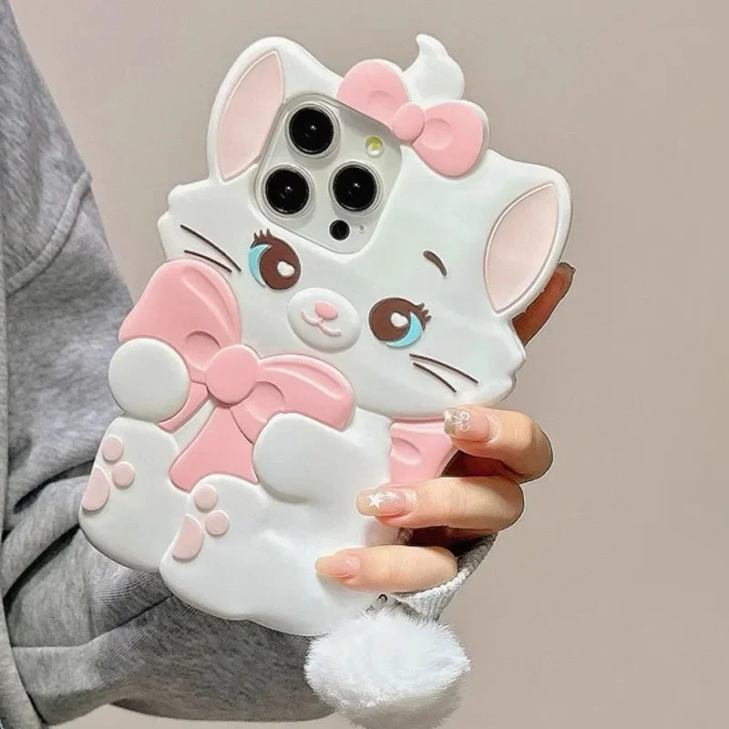 Marie Cat Pink Bow Kawaii Hair Ball Cartoon Cute Phone Case for iPhone 16 15 14 13 12 11 Pro Max Y2K Kawaii Girl Gift Love Cover