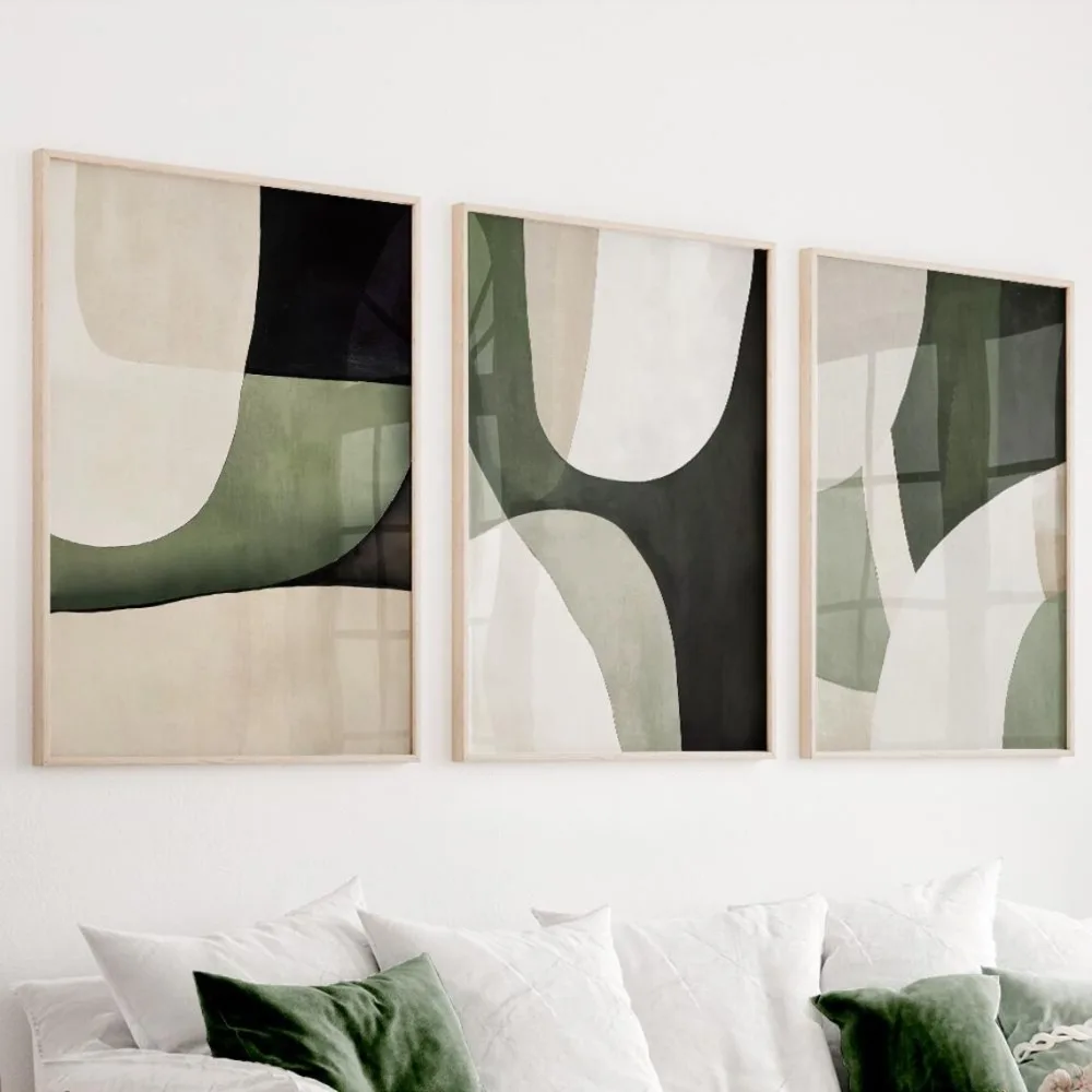 3-teiliges rahmenloses Poster-Set, beige und olivgrüne abstrakte Pinselstriche auf Leinwand, moderne minimalistische nordische geometrische Kunstdrucke