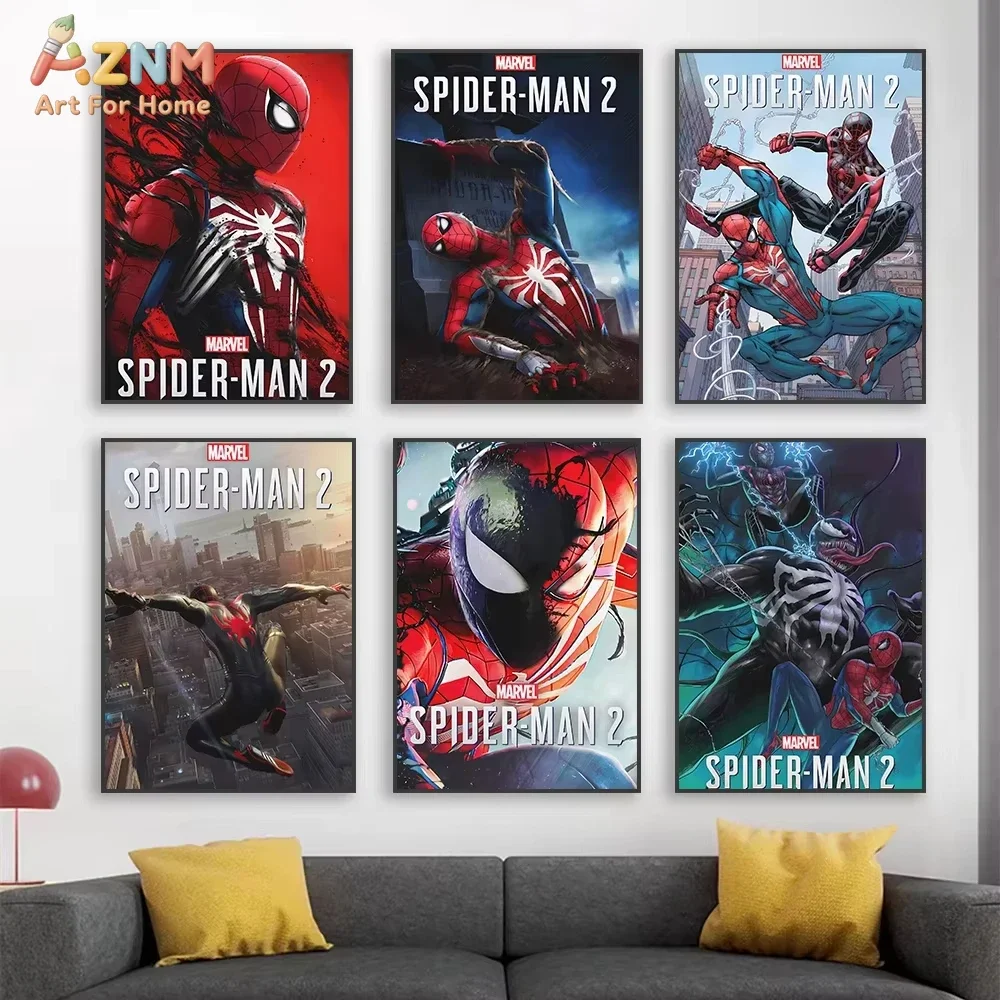 AZNM Marvel Spider-Man 2 Frameless Canvas Print, Game Superhero Wall Art, Venom & Miles Morales Home Decor Poster, Classic Spide