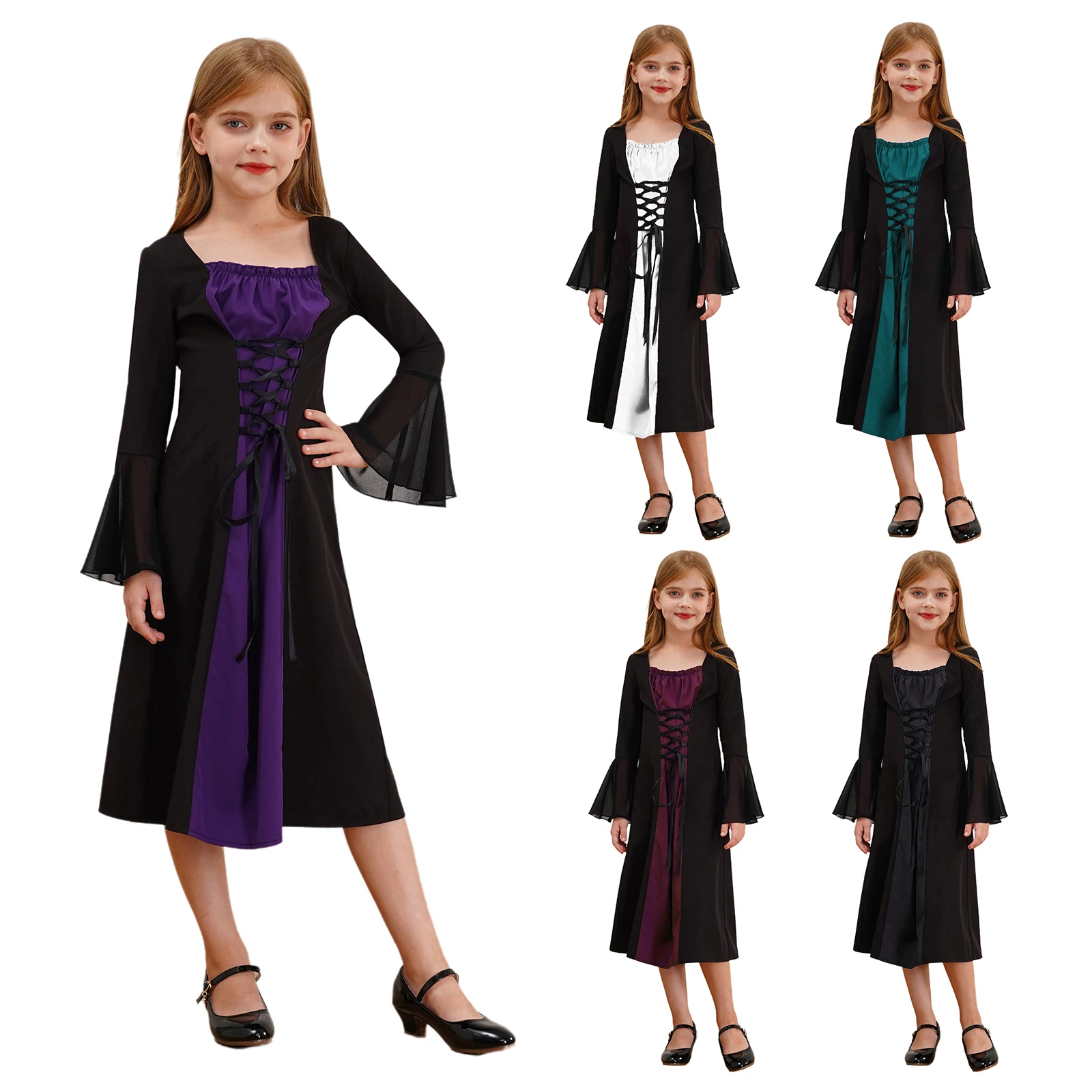 Kids Girls Medieval Renaissance Gothic Dress Long Sleeve Lace-up Royalty Princess Gown Costume Halloween Carnival Fancy Dress Up