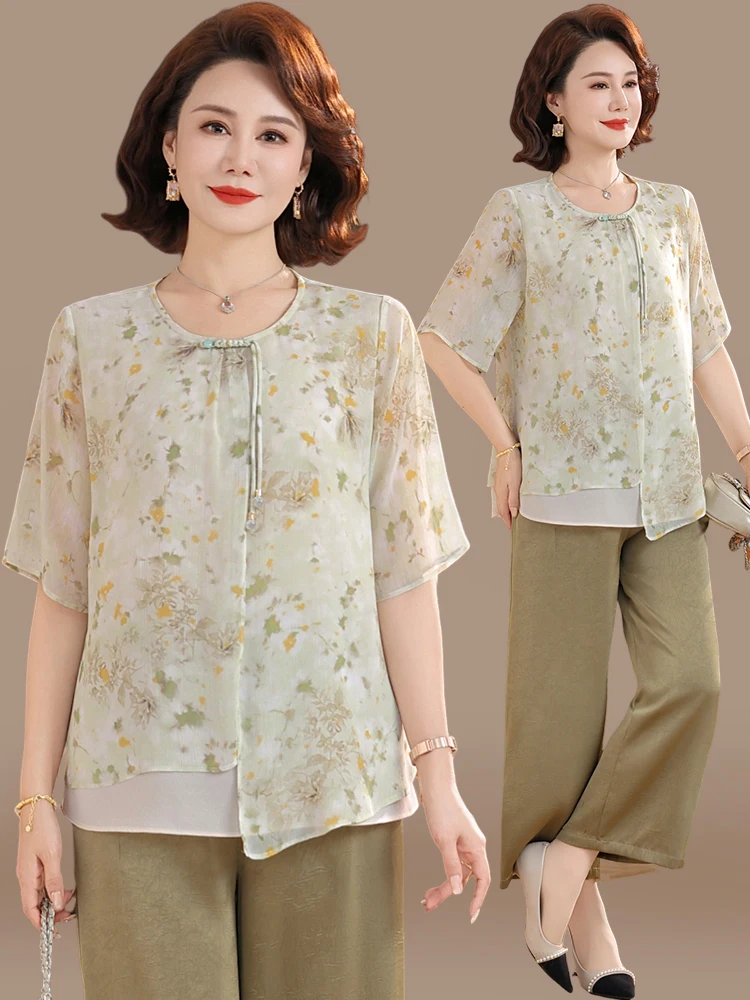 

New 2025 Chinese Sle Summer Faion Mommy ort Sve Set Midi Skirt Chiffon Top for Middle-Aged Women Floral Print Loose Fit
