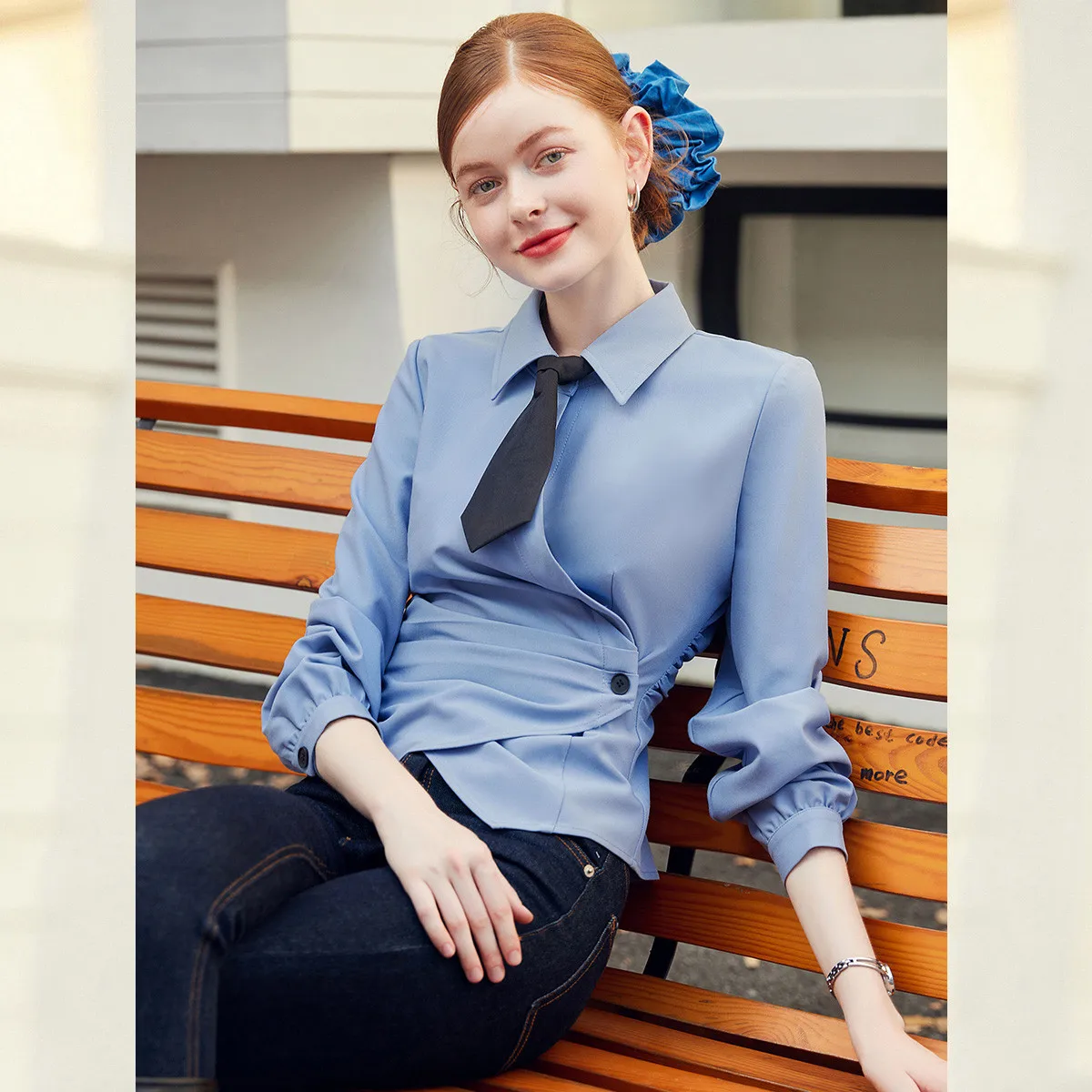 루이스 야오 새로운 우아한 사선 칼라 디자인 블라우스 2025 가을 레트로 탑 슬림핏 배색 버튼다운 여성 셔츠