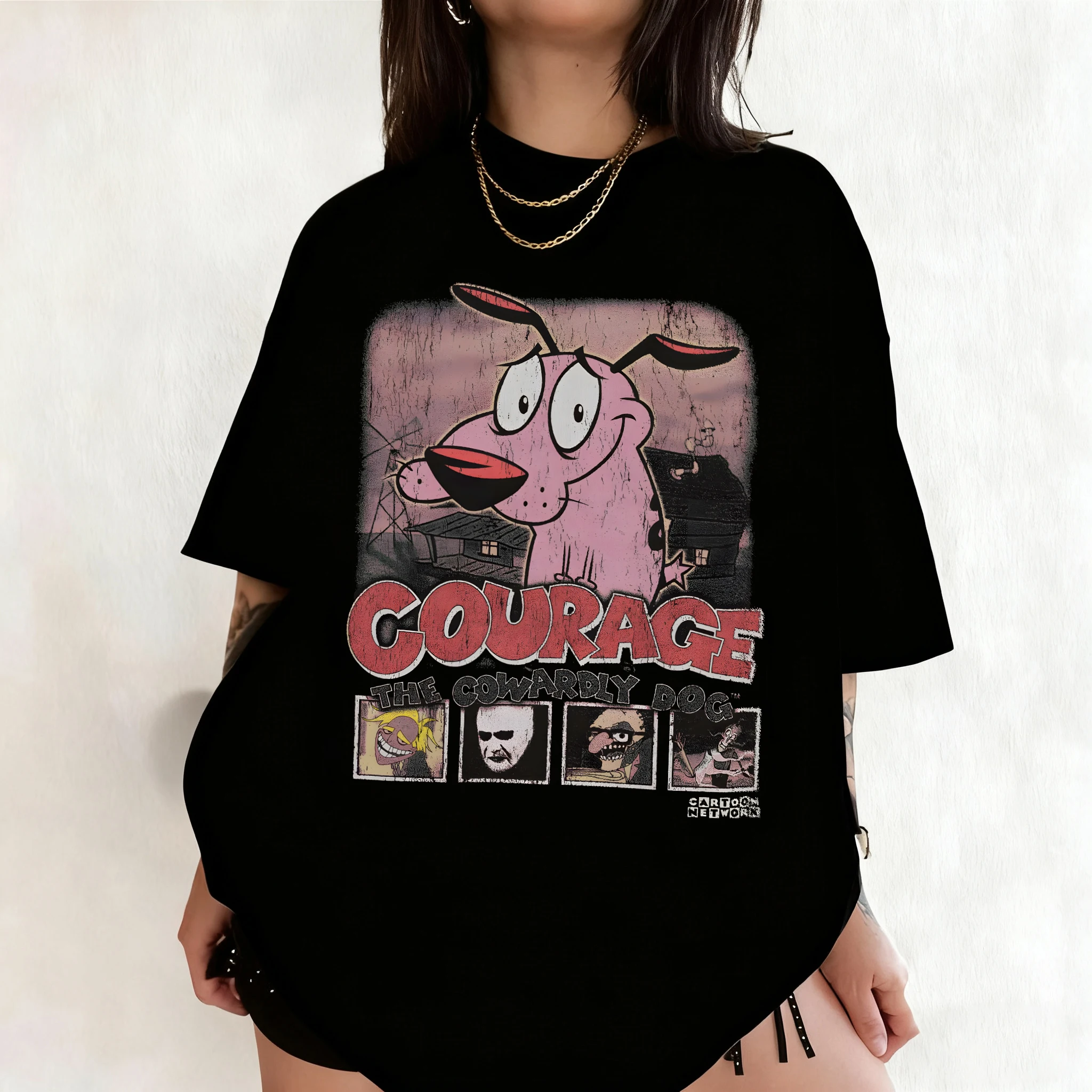 خمر الشجاعة الجبناء الكلب الكرتون طباعة تي شيرتات قصيرة الاكمام ريترو للجنسين الجرافيك المحملة 90s الحنين الصيف الشارع الشهير المحملة