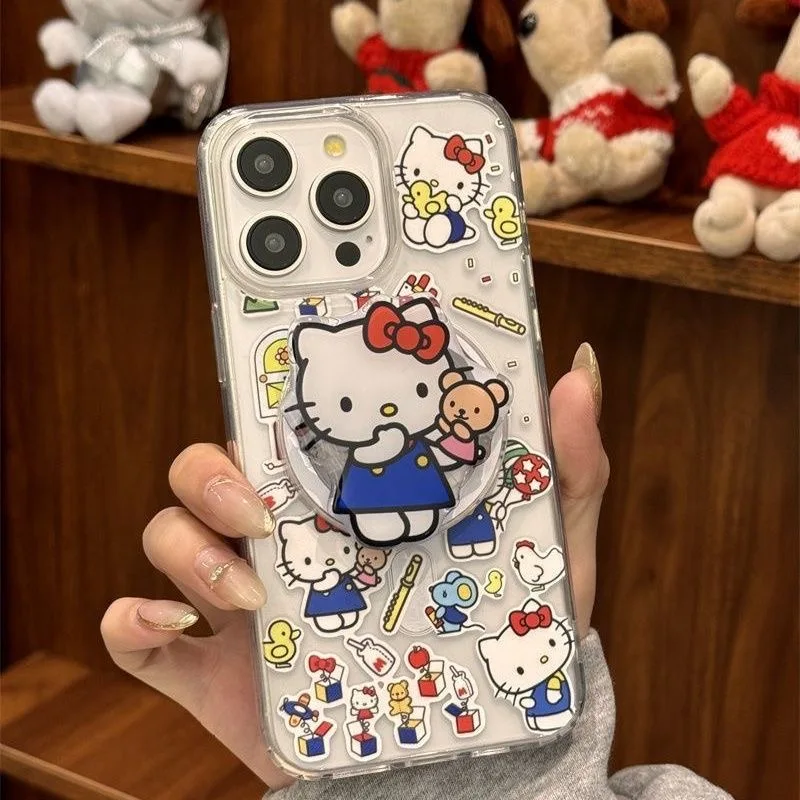 Cute Cartoon Painting Hello Kitty Bear Magnetic Holder Magsafe Wireless Charge Case For iPhone 16 13 12 11 14 15Pro Max XR Cover