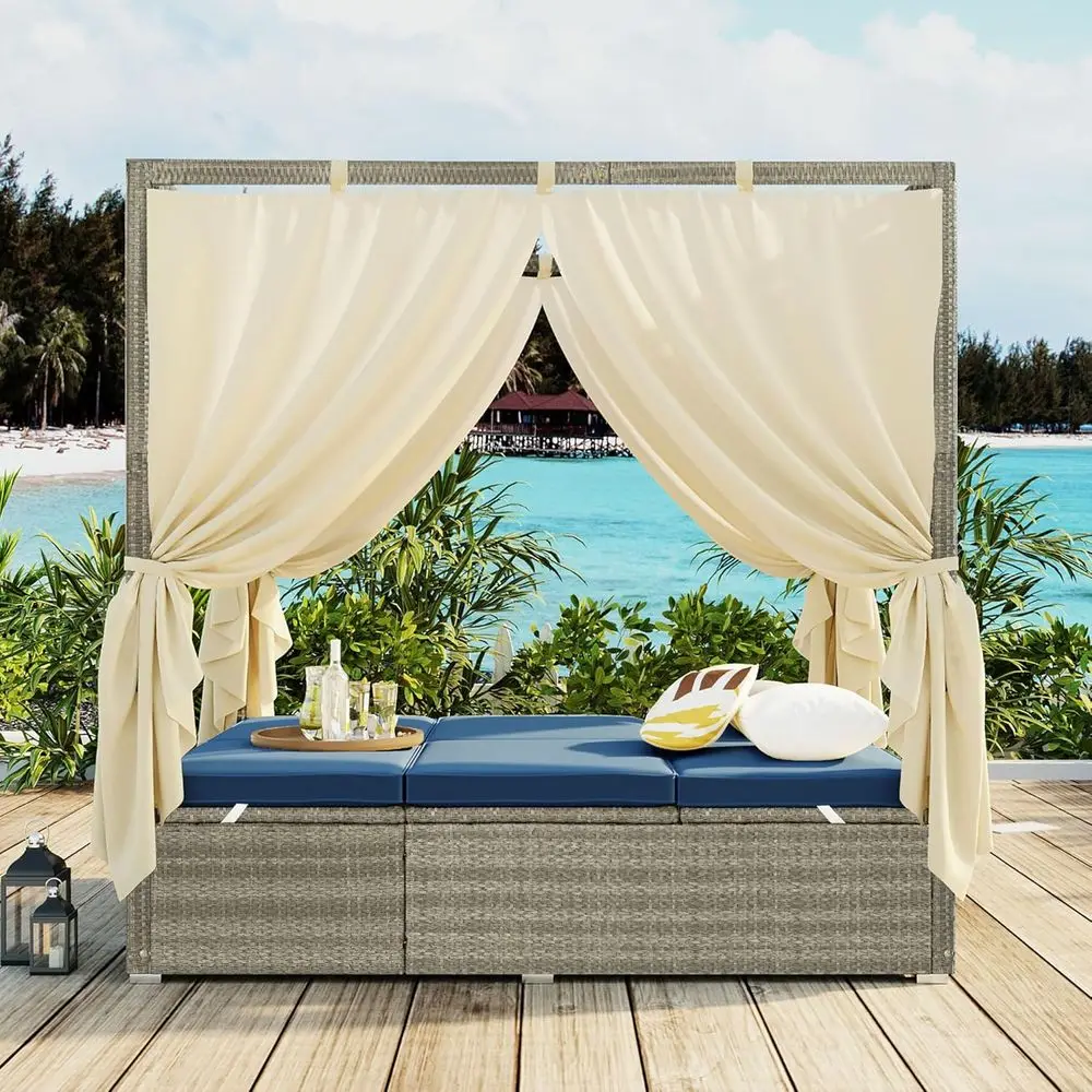 

Daybed Patio Canopy Bed Adjustable Sunbed with Retractable Canopy, Rattan Sun Lounger Loveseat Sofa Set with Curtains